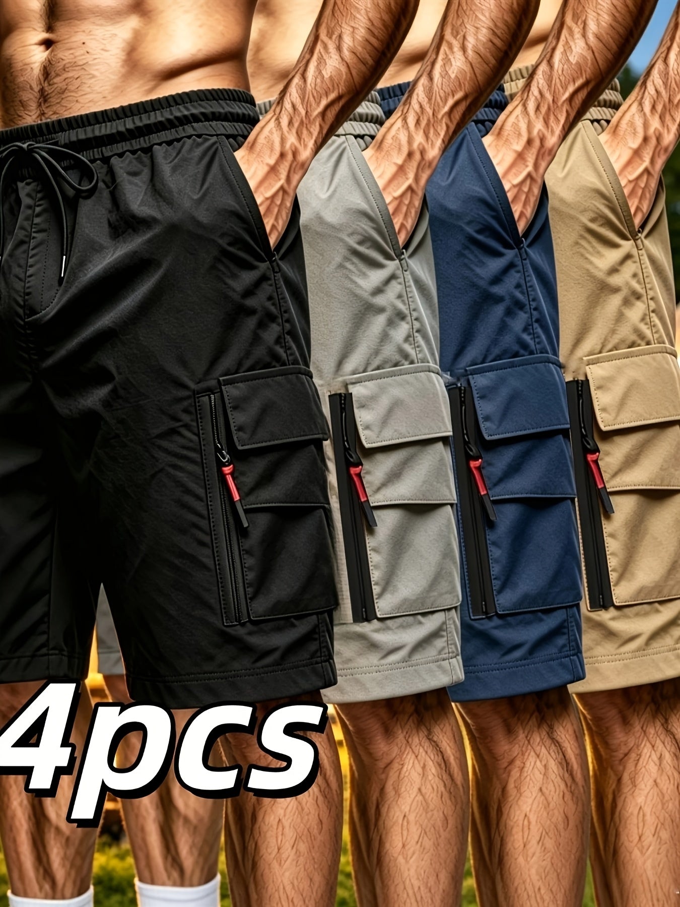 Men's 4pcs Quick Dry Cargo Shorts, High Quality Multi-Pocket Outdoor Shorts, Elastic Waist Utility Shorts for Hiking, Camping & Daily Wear, Lightweight Breathable Fabric