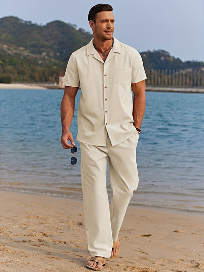 Men 2pcs Linen Outfit Beach Button- Shirt Casual Loose Pant Sets