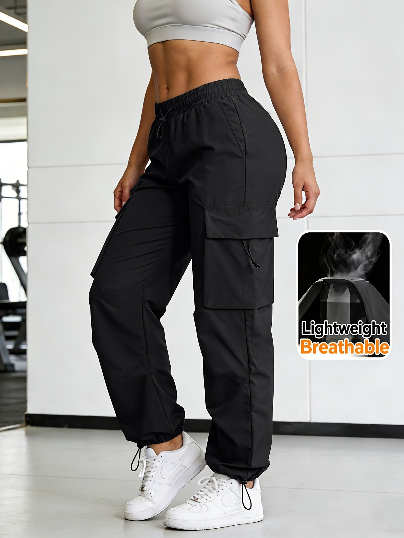 Women's Wide Leg Cargo Pants with Elastic Waist & Flap Pockets - Loose-Fit Trousers Suitable for Hiking, Jogging, Streetwear | Machine Washable Solid Black All-Season Pants for Gym, Outdoor, Daily Wear | Multi- Utility Pants
