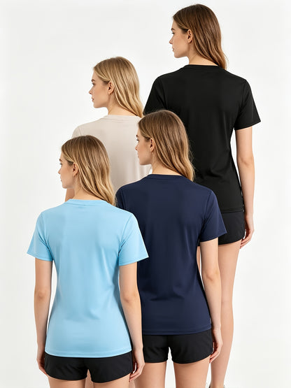 4pcs Women's Barely There Sports T-Shirts V-Neck, Pullover Short Sleeve Tops, Stretchy, Quick-Dry, Breathable, Soft for Workout, Fitness, Running, Yoga, Pilates