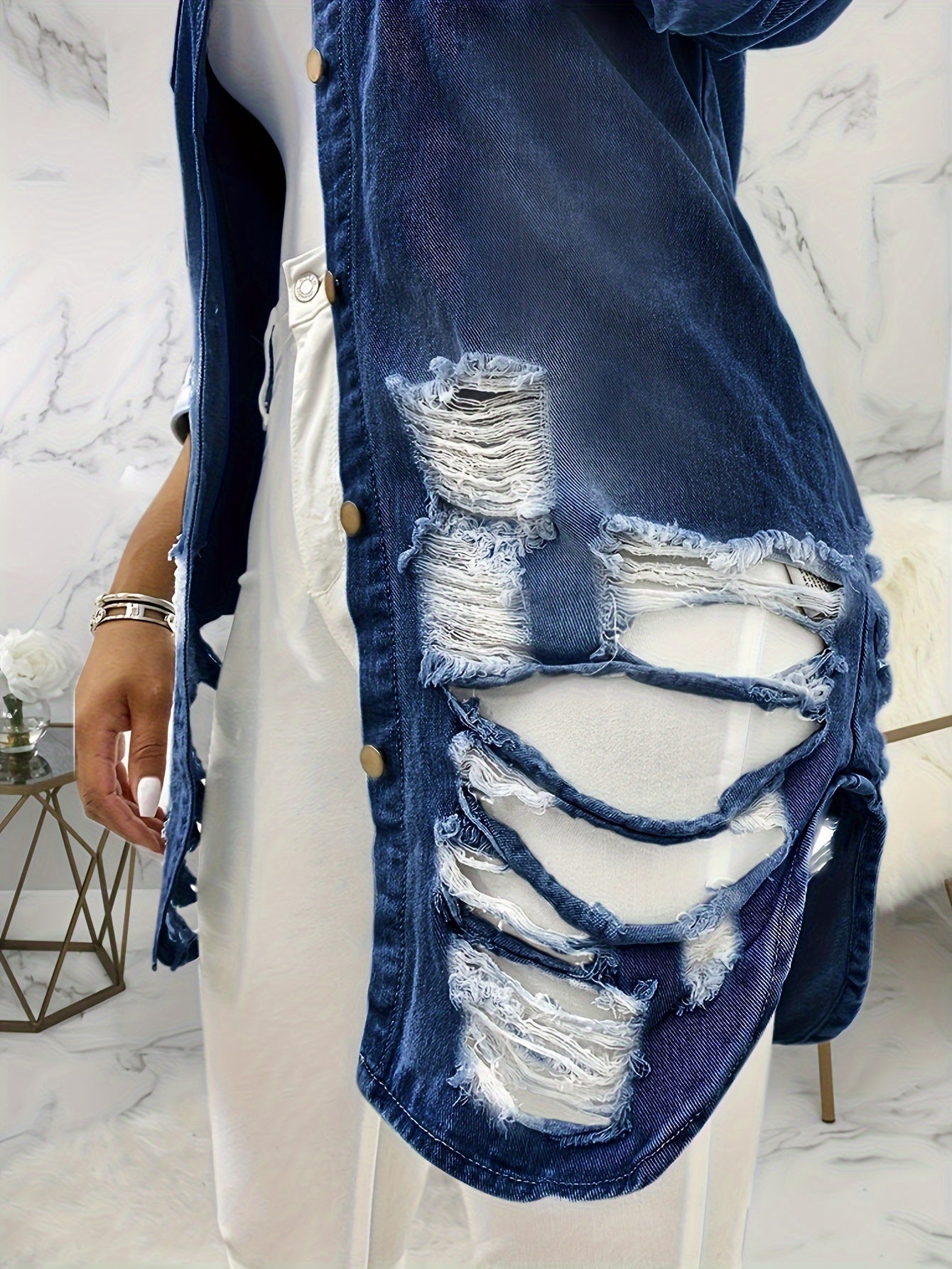 Women'S Denim Jacket, Distressed Ripped Button-Up Sexy Style, Casual Long Sleeve Jean Outerwear