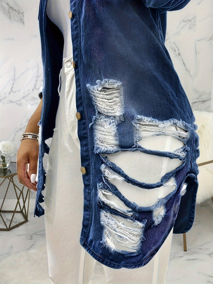 Women'S Denim Jacket, Distressed Ripped Button-Up Sexy Style, Casual Long Sleeve Jean Outerwear