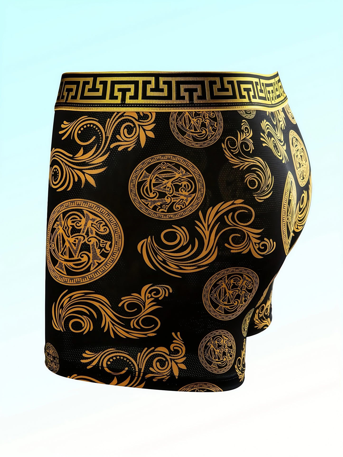 Men's Luxury Flat Corner Underwear - 5pcs Random Set, Elastic, Daily Casual, Black Golden Printed, A Great Gift for Him