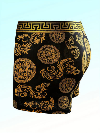 Men's Luxury Flat Corner Underwear - 5pcs Random Set, Elastic, Daily Casual, Black Golden Printed, A Great Gift for Him