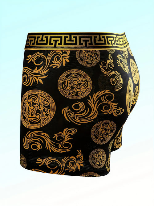 Men's Luxury Flat Corner Underwear - 5pcs Random Set, Elastic, Daily Casual, Black Golden Printed, A Great Gift for Him