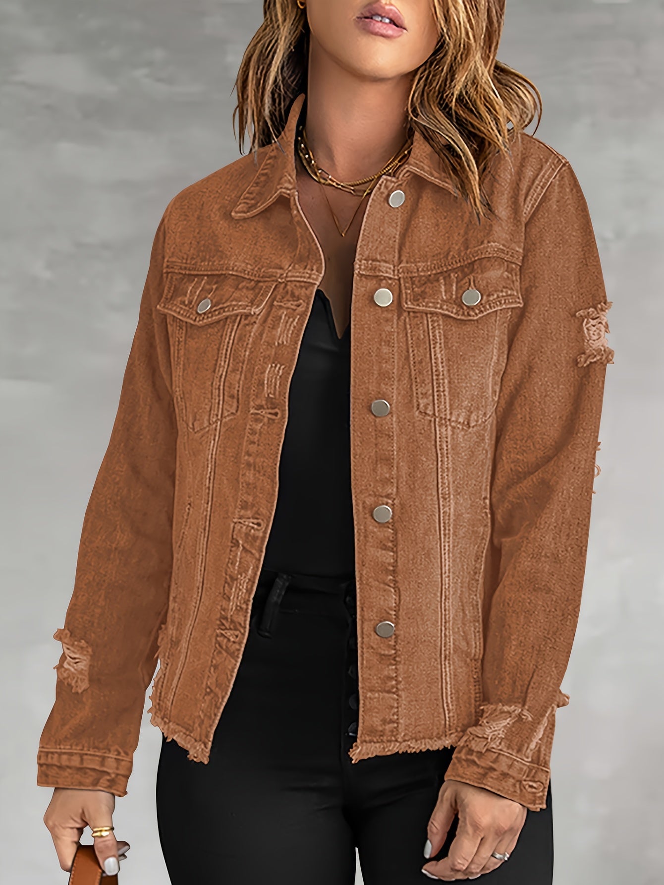 Washed Out Women's Denim Jacket with Pockets; Boyfriend Style; Distressed Look.