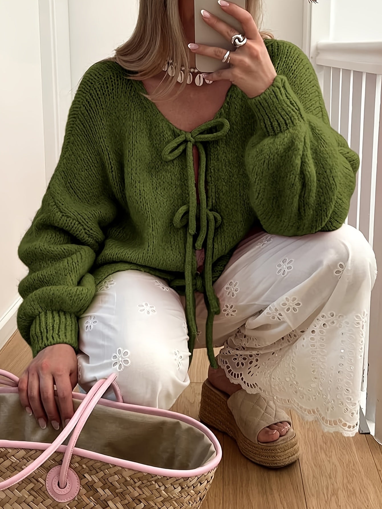 Women'S Oversized Bowtie Sweater Cardigan with Y2K Vibe Long Sleeves V Neck Open Front Casual Wear