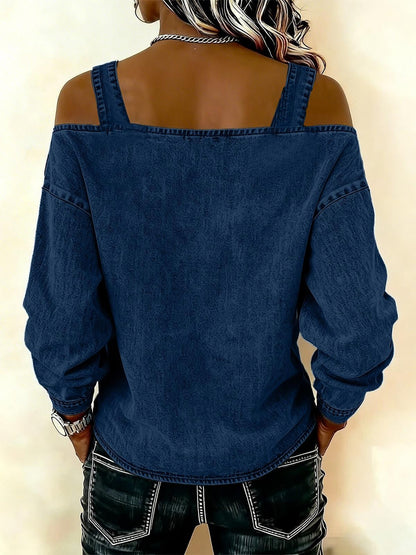 Women's Dress T-shirt with Elegant Style and Versatile Fit, Single-strap Collar, Shoulder Straps, Long-sleeved Top. Fashionable and Elegant for Women, Trendy.