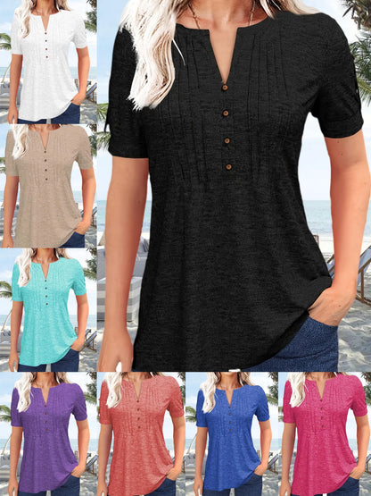 Women's Hot-selling Summer Casual V-Neck Pleated Blouse Short Sleeve Button-Up Solid Color Top