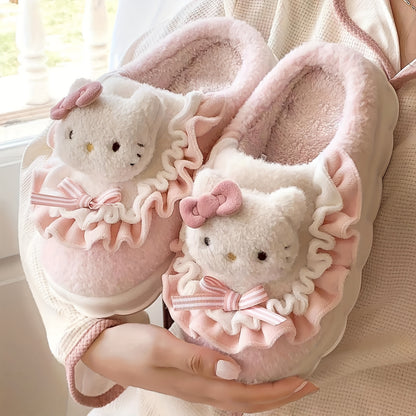 [Valentine's Day Gifts] Kawaii Hello Kitty Plush Slippers - Cute Y2K Cartoon Clothing Shoes with Non-Slip PVC Sole, Soft Padded & Hello Kitty Face/Hands for - Indoor/Bedroom Wear (Size Up for), Valentine's Day Gifts, Women Shoes