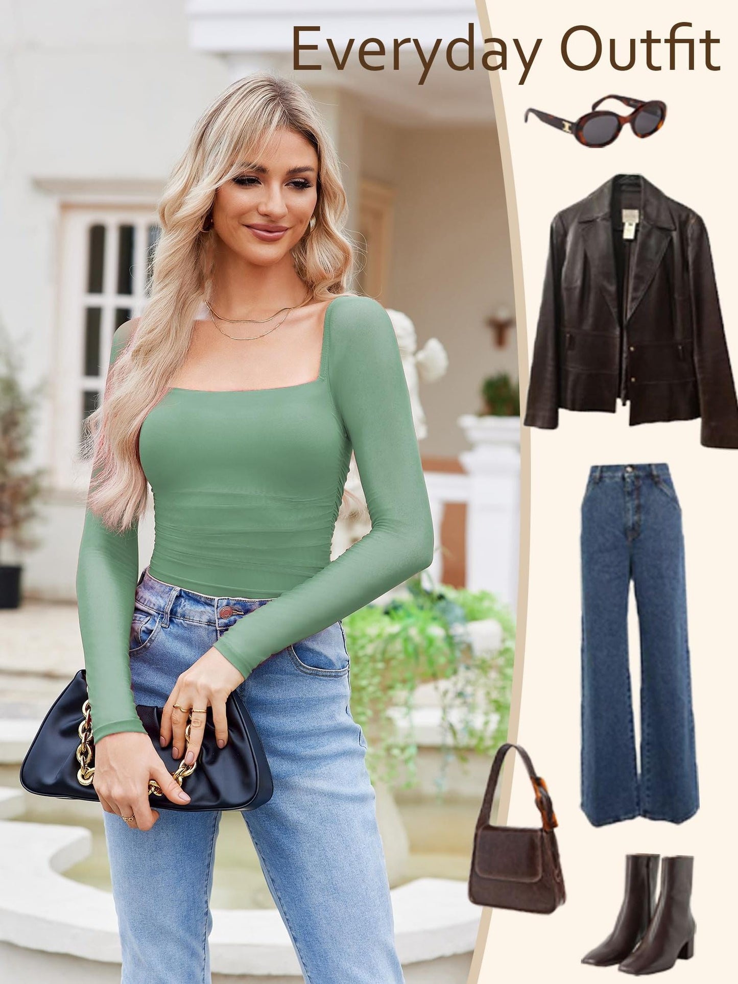Women'S Square Neck Mesh Long Sleeve Bodysuit Shirts Ruched Body Suit Sexy Sheer Tops Date Night Outfit