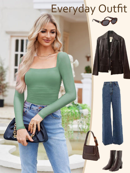 Women'S Square Neck Mesh Long Sleeve Bodysuit Shirts Ruched Body Suit Sexy Sheer Tops Date Night Outfit