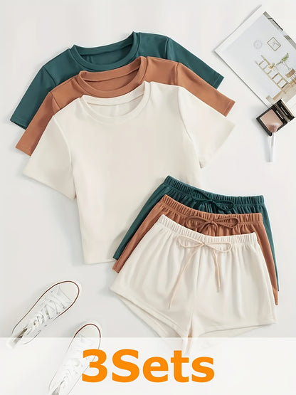 Three-piece Set Of Multi-color And Style Velvet Fabric Women'S Casual Short-sleeved Top And Shorts For Home