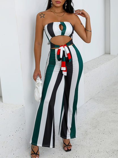 Summer Women's Striped Colorblock Cutout Bandeau Jumpsuit