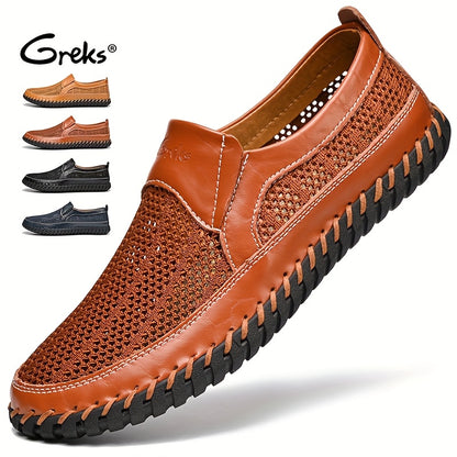 GREKS Men's Mesh Breathable Walking Loafers Outdoor Lightweight Slip-on Mesh Casual Shoes Stitching Honeycomb Hiking Shoes