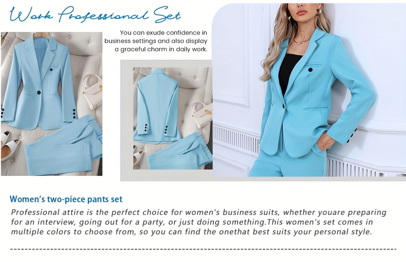 Women's Casual Two-Piece Set, Fashionable Business Style, Solid Color Long Sleeve Blazer And Pants, Polyester, Button-Up, Regular Fit, with Weekend Casual Wear