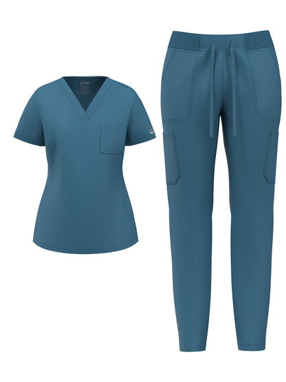 Women's Scrub Pants Set, Elastic Breathable Polyester Spandex Blend, V-Neck Short Sleeve with Pocket, Solid Color, for Work