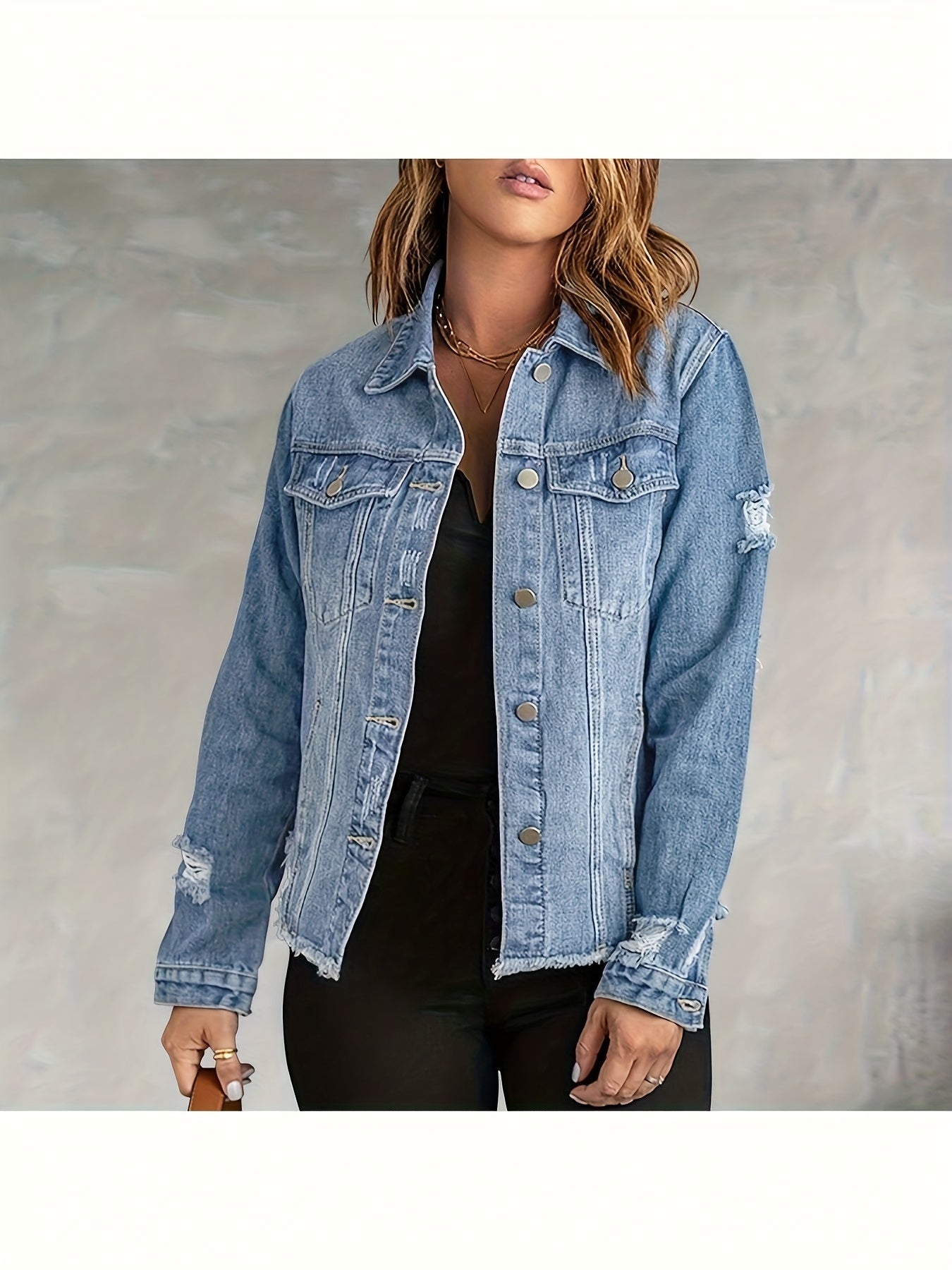 Women's Ripped Washed Button-Up Denim Jacket Coat with Pockets, Casual Classic Distressed Denim Outerwear TZ001