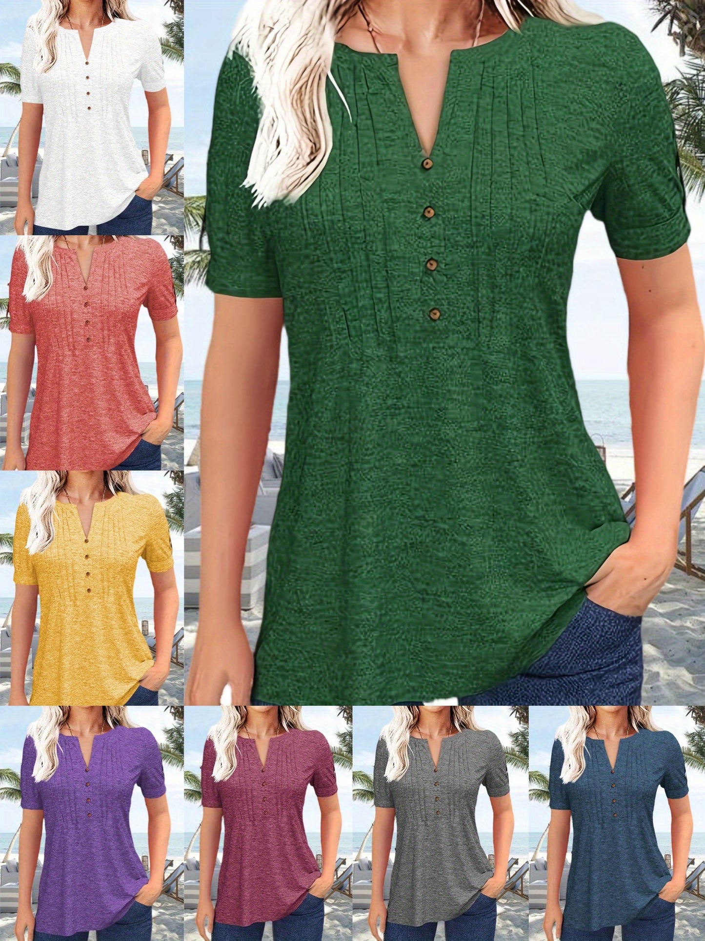 Women's Hot-selling Summer Casual V-Neck Pleated Blouse Short Sleeve Button-Up Solid Color Top