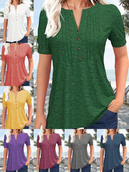 Women's Hot-selling Summer Casual V-Neck Pleated Blouse Short Sleeve Button-Up Solid Color Top