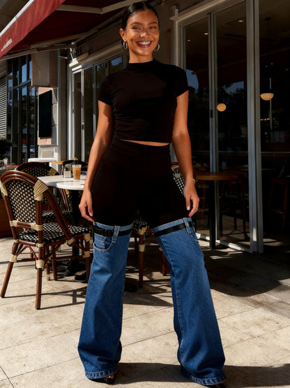 Women'S High Waist Two Tone Patchwork Flare Pants, Black Slim Fit Leggings with Light Wash Denim Bell Bottom Legs And Adjustable Buckle Strap Design for Y2K Streetwear, Perfect for Retro Streetwear Looks