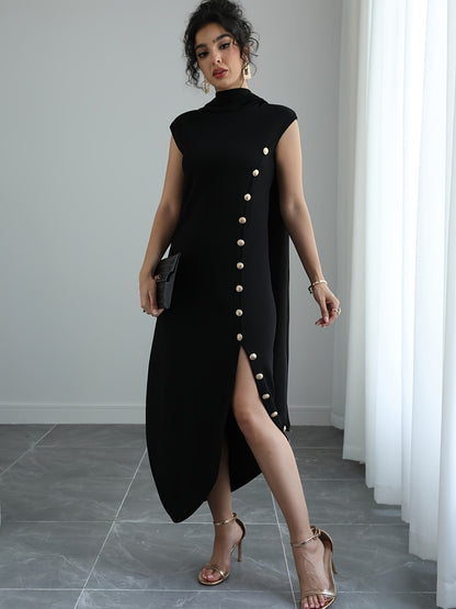 Women'S Elegant High Neck Sleeveless Maxi Dress with Shawl Collar & Split Hem - Solid Color A-Line Silhouette, Floor-Length to Mid-Calf Length Adjustable Maxi Dress for Spring Summer Fall, Casual to Formal Events, Wrinkle-Resistant Fabric (No Lining) - Ve