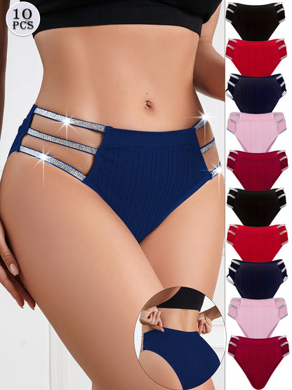 10 PCS Hot-item Ladies Hollowed-out Shiny Belt Briefs, Comfortable Breathable Soft Elegant Fashion Sexy Panties, Romantic Dating Daily Wear, Ladies Sexy Lingerie And Pantie