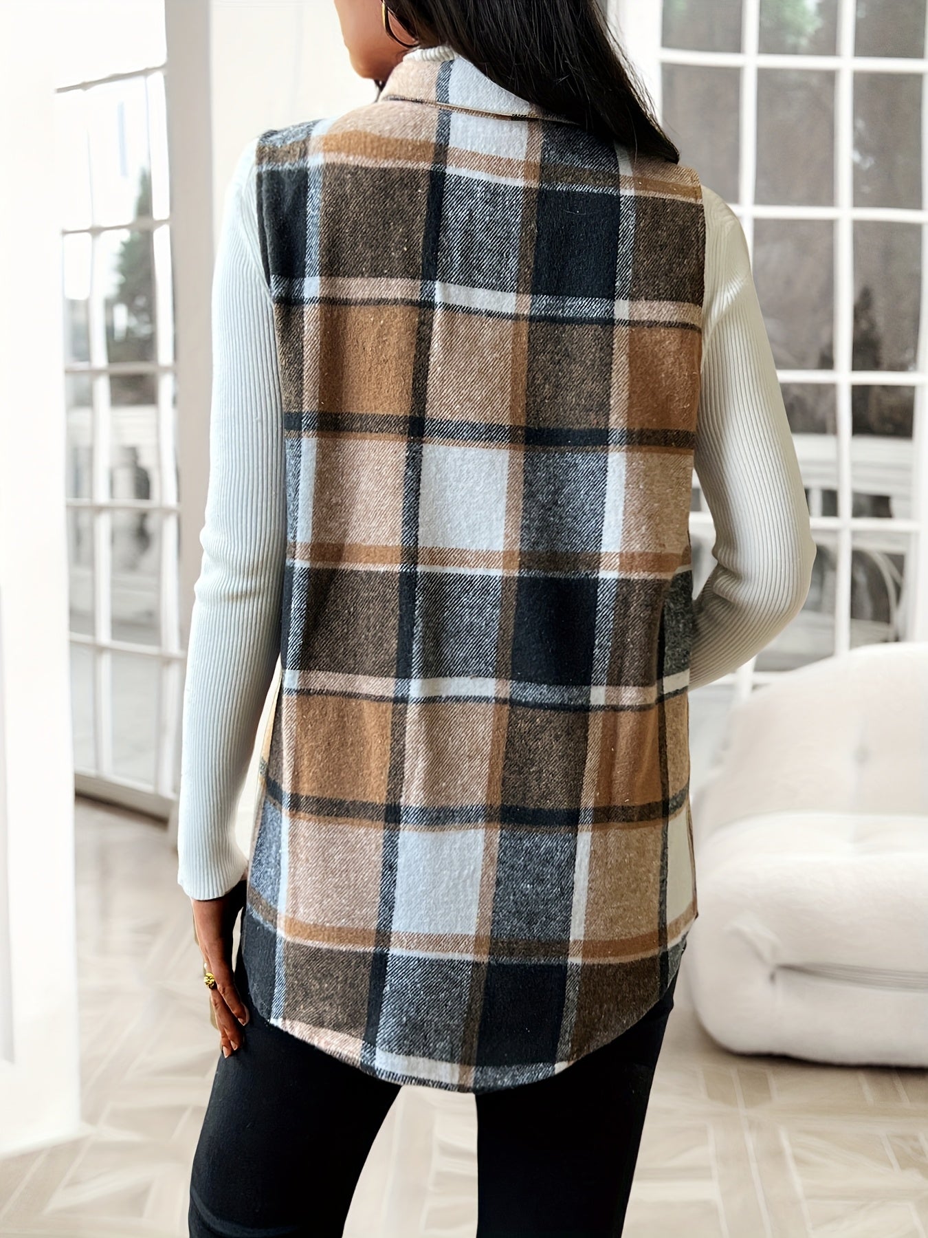 Fashionable Women'S Lapel Vest Jacket in Plaid for Spring, Autumn, And Winter