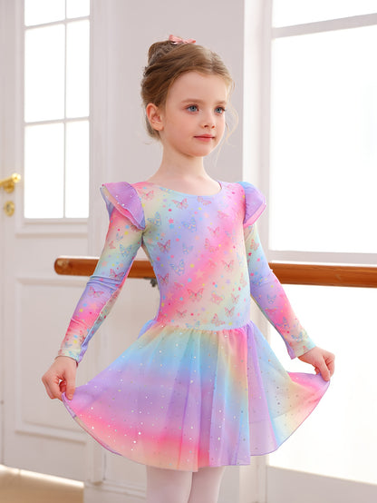 Easter Girl Clothes, Girls' Clothing, Girls' Dance Dress, Autumn And Winter Long-sleeve New Rainbow Star Pattern Tulle Dress, Sweet And Cute Sequin Chiffon Dress, Children's Ballet Dress, Leotard Tulle Dress
