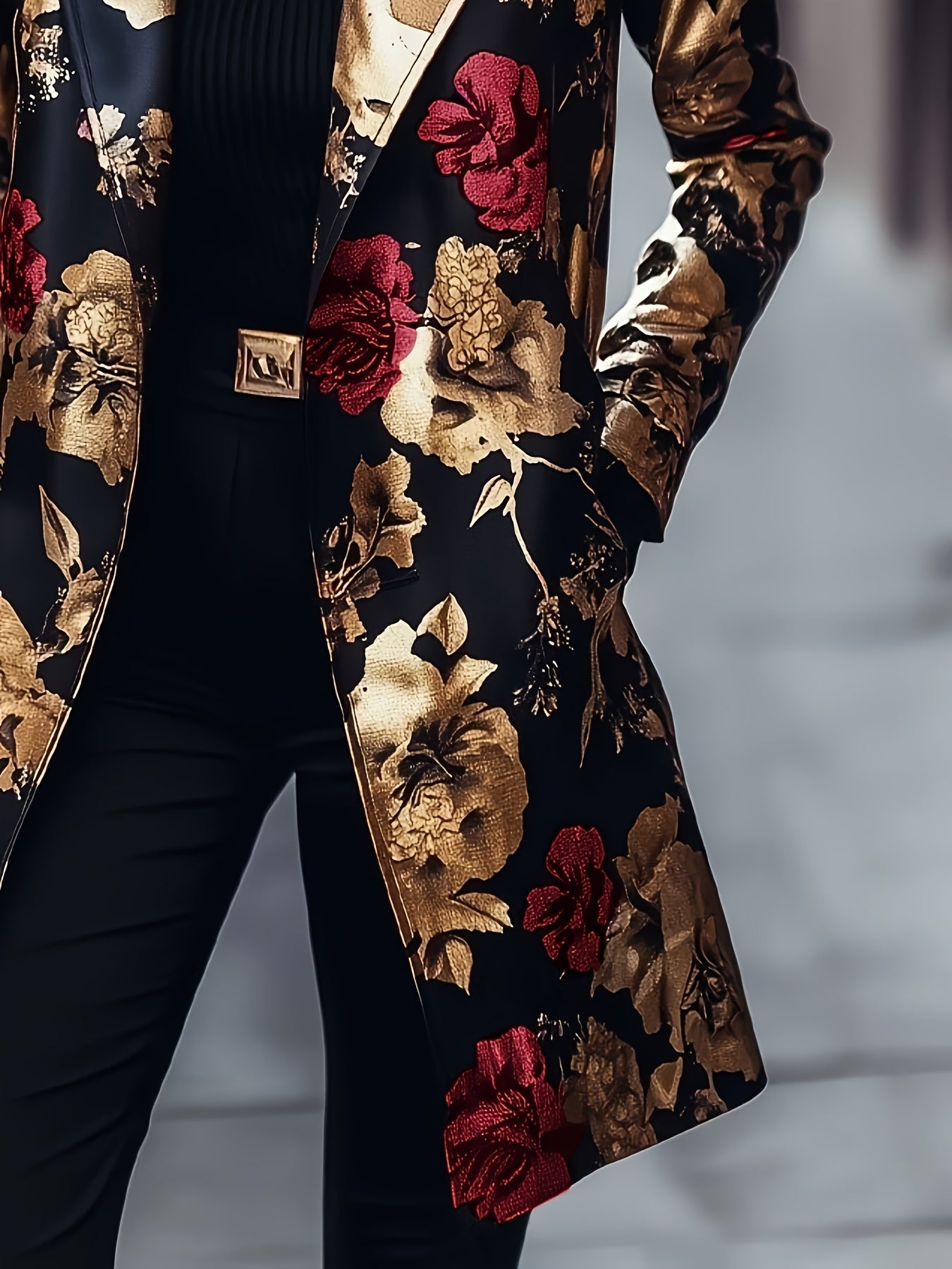 Plus Size - Plus Size - Long-Sleeved Single-Breasted Mid-Length Suit Jacket with Floral Pattern