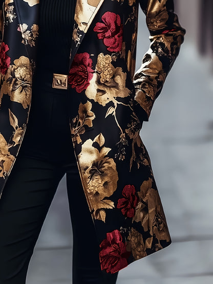 Plus Size - Plus Size - Long-Sleeved Single-Breasted Mid-Length Suit Jacket with Floral Pattern