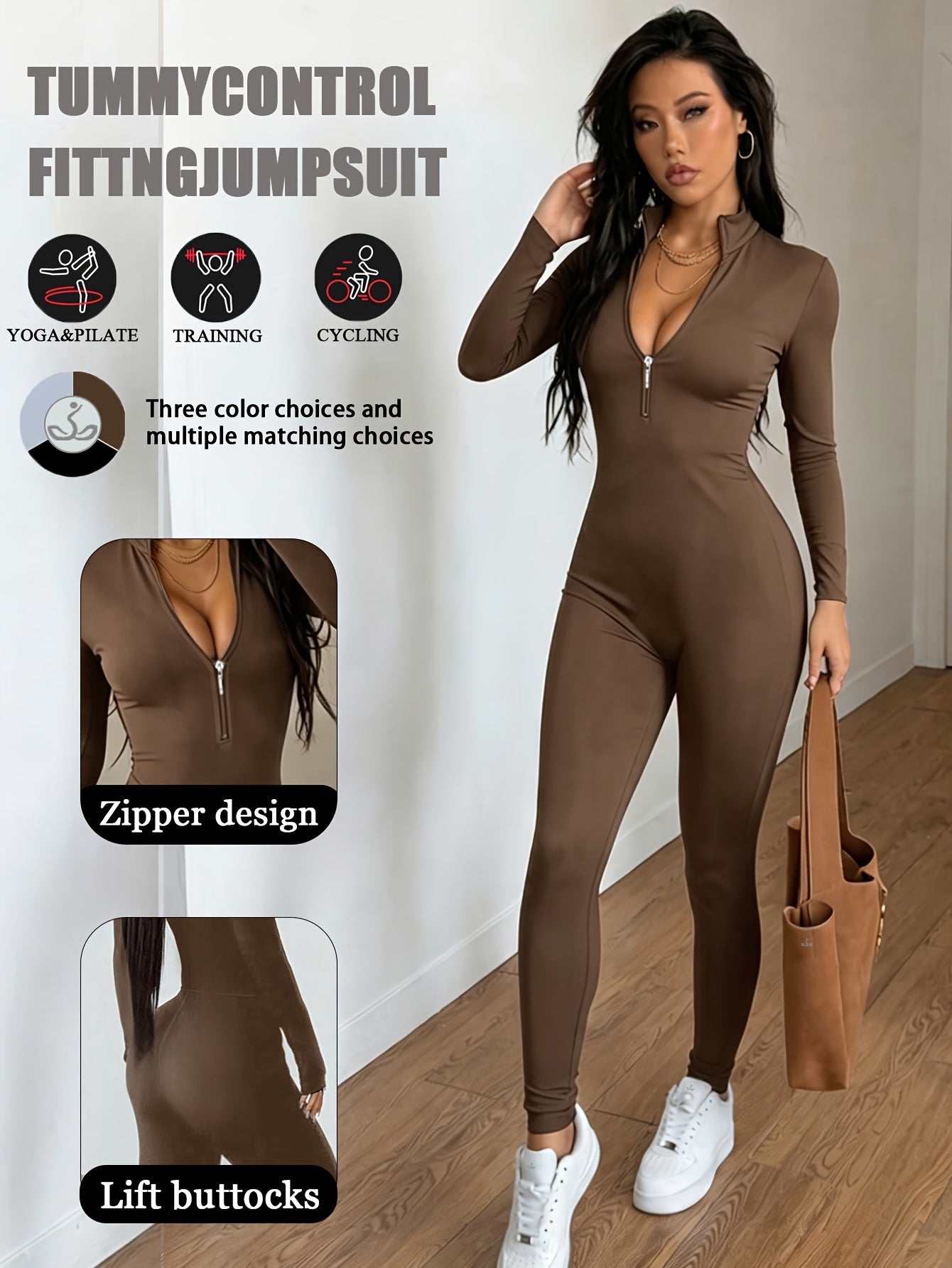 Women'S Solid Color Long Sleeve Skinny Jumpsuit, Front Half Zipper Design, Comfortable And Slim-fitting Jumpsuit, Casual And Versatile, Suitable For Cycling, Running, Yoga, Tennis And Other Training.