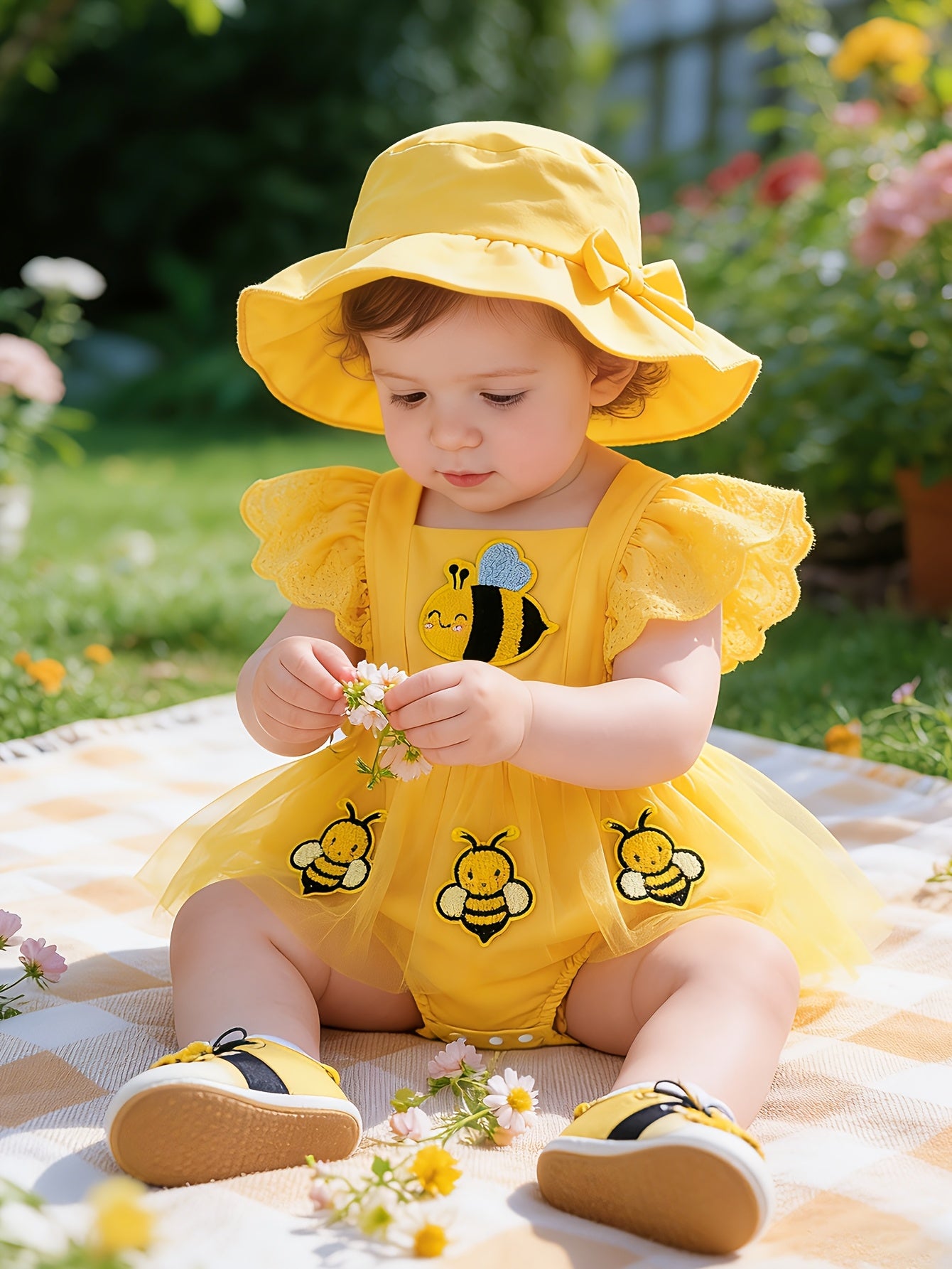 Baby Girl Summer Yellow Bee Jumpsuit Set: Sleeveless Patchwork Chiffon Jumpsuit And Matching Sun Hat, Suitable for Outdoor Outings (0-18 Months)