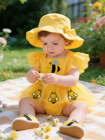 Baby Girl Summer Yellow Bee Jumpsuit Set: Sleeveless Patchwork Chiffon Jumpsuit And Matching Sun Hat, Suitable for Outdoor Outings (0-18 Months)
