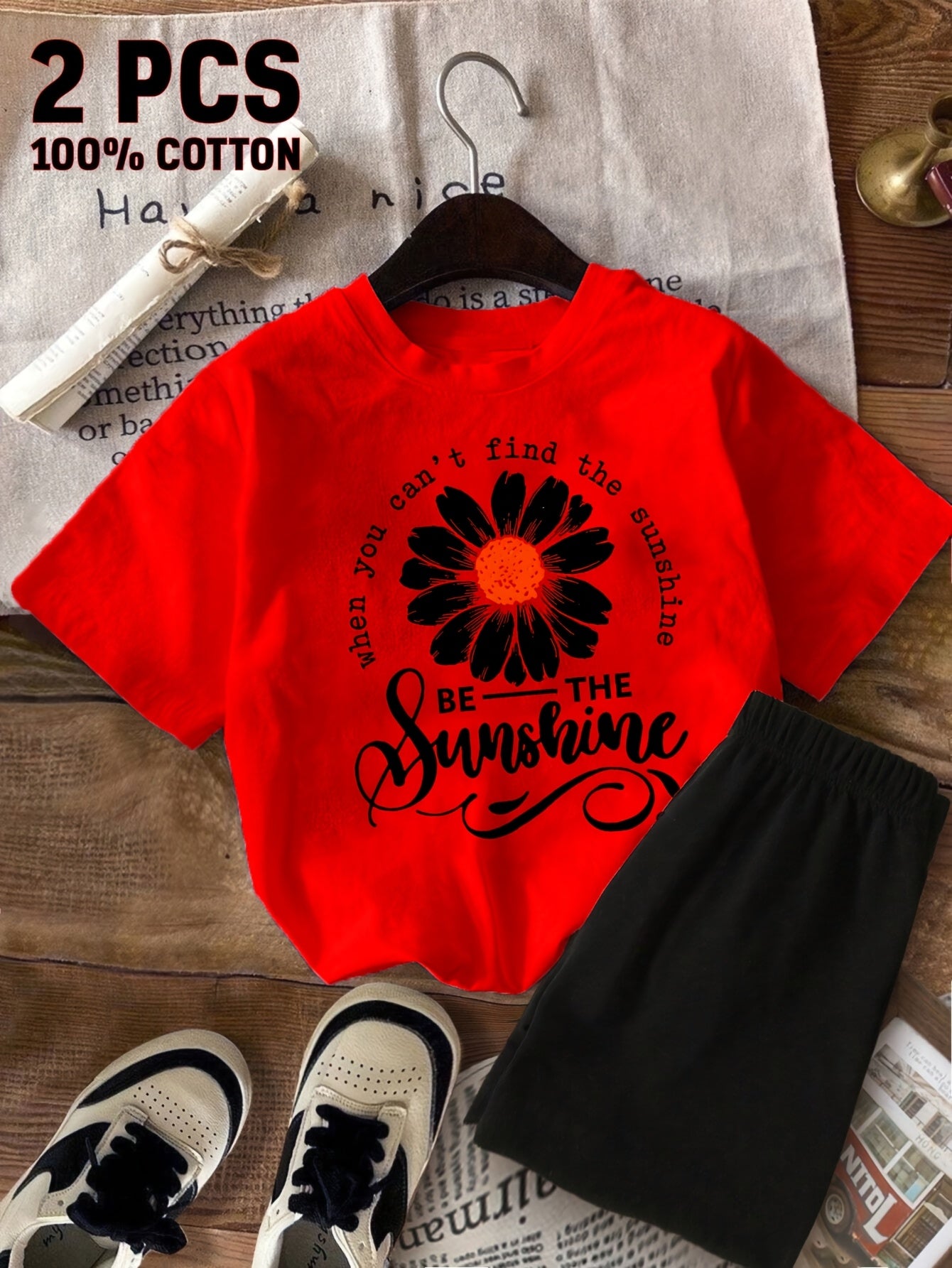 2pcss New Summer Girl When You Can'T Find The Sunshine, Be The Sunshine Short-Sleeved 100% T-Shirt And Shorts 2pcs Set Perfect for Outdoor Activities