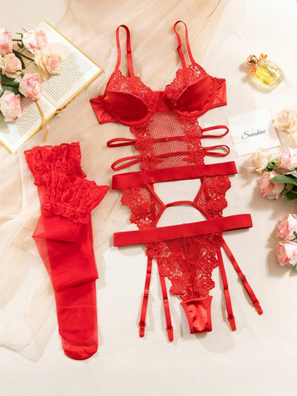 3pcs Sexy Semi-Sheer Lace Mesh Satin Lingerie Set with Garter Belt for Women, Contrast Lace Garter Bustier Bodysuit, Adjustable Strap Babydoll Corset with Stockings, Halloween Roleplay Costume, Hot Outfit Party Clothing Seductive Intimate Apparel Underwea