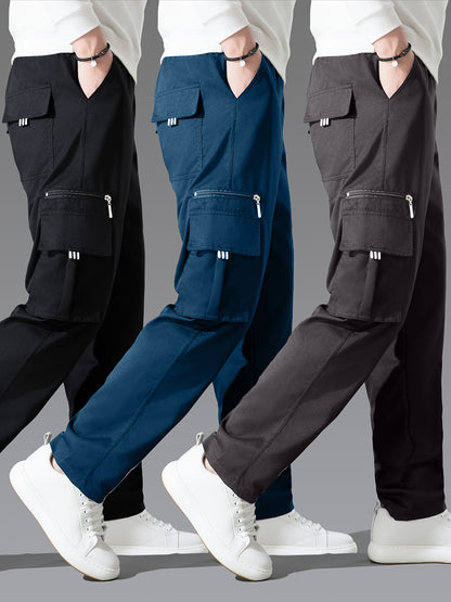 3pcs Men'S Casual Solid Color Cargo Pants, Polyester Non-Stretch Woven Fabric, Multiple Pockets, Regular Fit, Spring/Fall Season, Hiking & Outdoor Scene, Weekend Casual Occasion, Thick