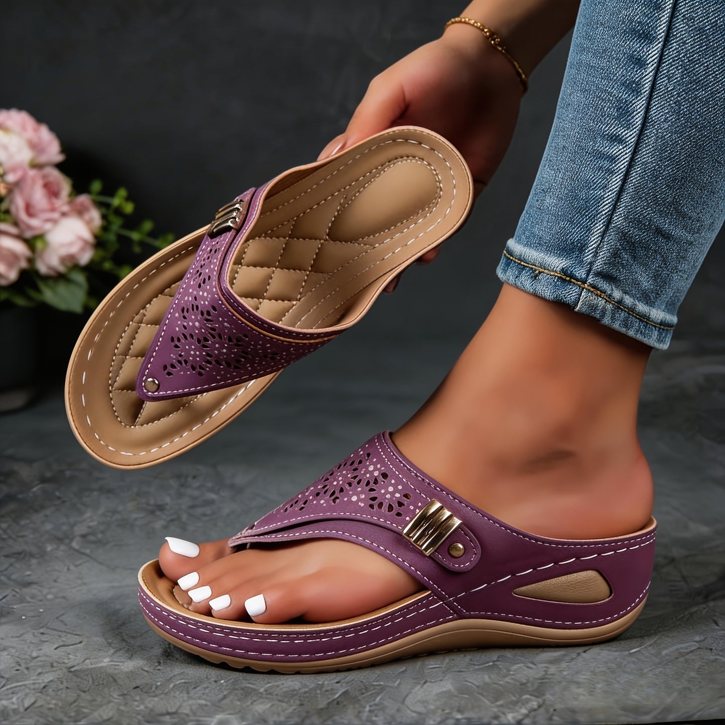 Women's Orthopedic Wedge Sandals, Casual Comfortable Flip-Flops, Non-Slip Thick-Soled Slippers, Breathable Hollow Summer Beach Shoes