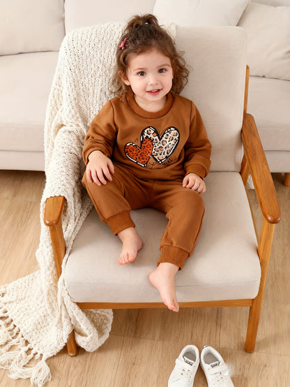 6pcs Toddler Baby Girl Fall Winter Clothes, Leopard Print Heart Print Trendy Pullover, Long Sleeve Crewneck Sweatshirts + Joggers Pants Outfits, Can Be A Gift, Perfect for Outdoor
