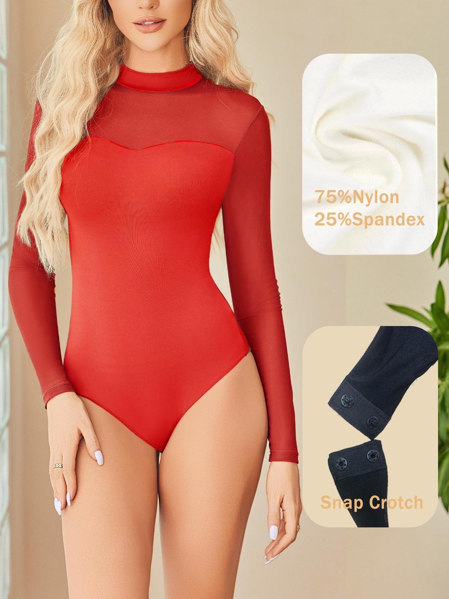 Sexy Mock Turtle Neck Sheer Mesh Long Sleeve Bodysuit Shirts Ruched Body Suit Leotard Tops