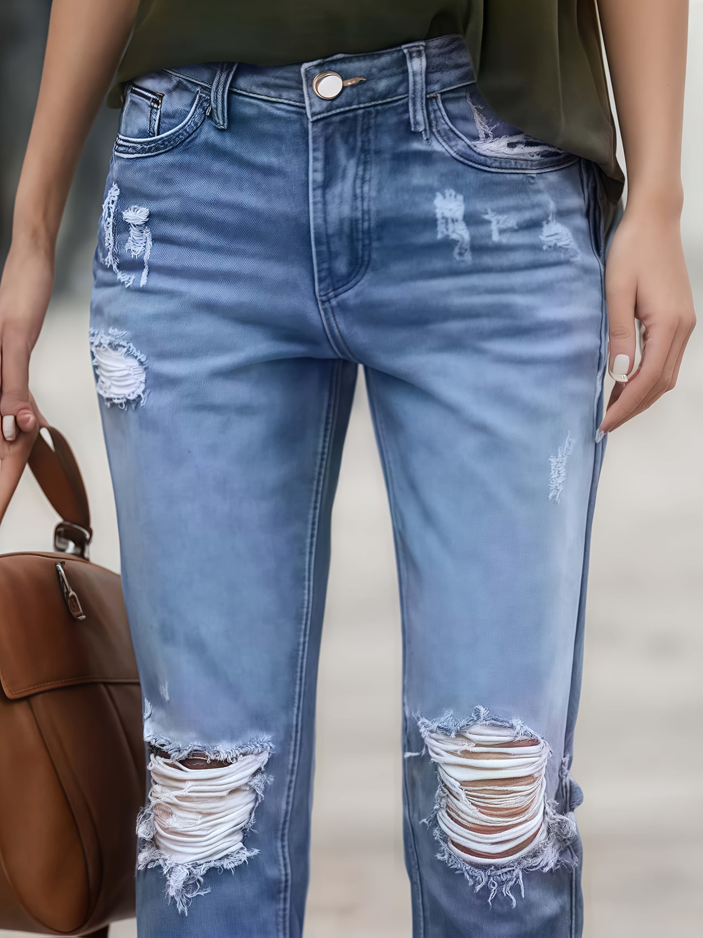 Stretchy Boyfriend Jeans for Women - Ripped, Distressed, Comfortable Denim Pants with Five-Pocket Design, Faded Wash, And Relaxed Fit