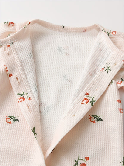 Kukitty Newborn Baby Girl Waffle Fabric Romper Ruffle Long Sleeve Floral Print Button Jumpsuit with Headband, for Outdoor