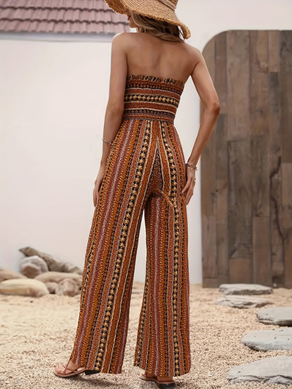 Women's Strapless Striped Jumpsuit, Black White Smocked Tube Top Wide Leg Jumpsuit, Casual Loose Summer Romper for Vacation & Daily Wear