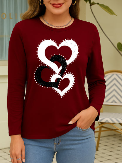 Classic Monochrome Interlinked Heart Design Women'S Long-Sleeve Shirt - Easy to Wash, Breathable, Soft Medium Stretch Material, Suitable for Spring, Autumn, And Winter Women'S Apparel, Length Women'S Wear