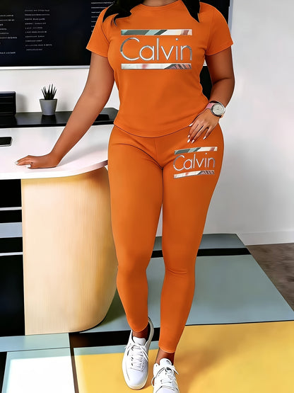 Alphabet-printed Casual Spring/autumn Short-sleeved Round-neck Women's Dress And Pants Set
