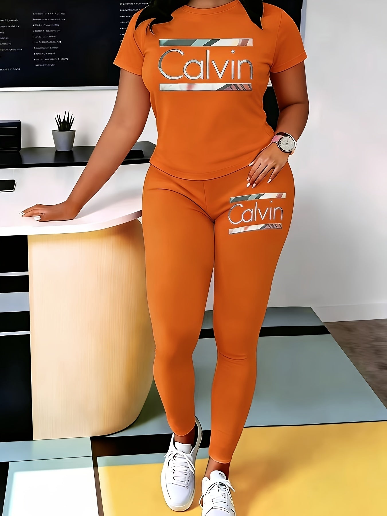 Alphabet-printed Casual Spring/autumn Short-sleeved Round-neck Women's Dress And Pants Set
