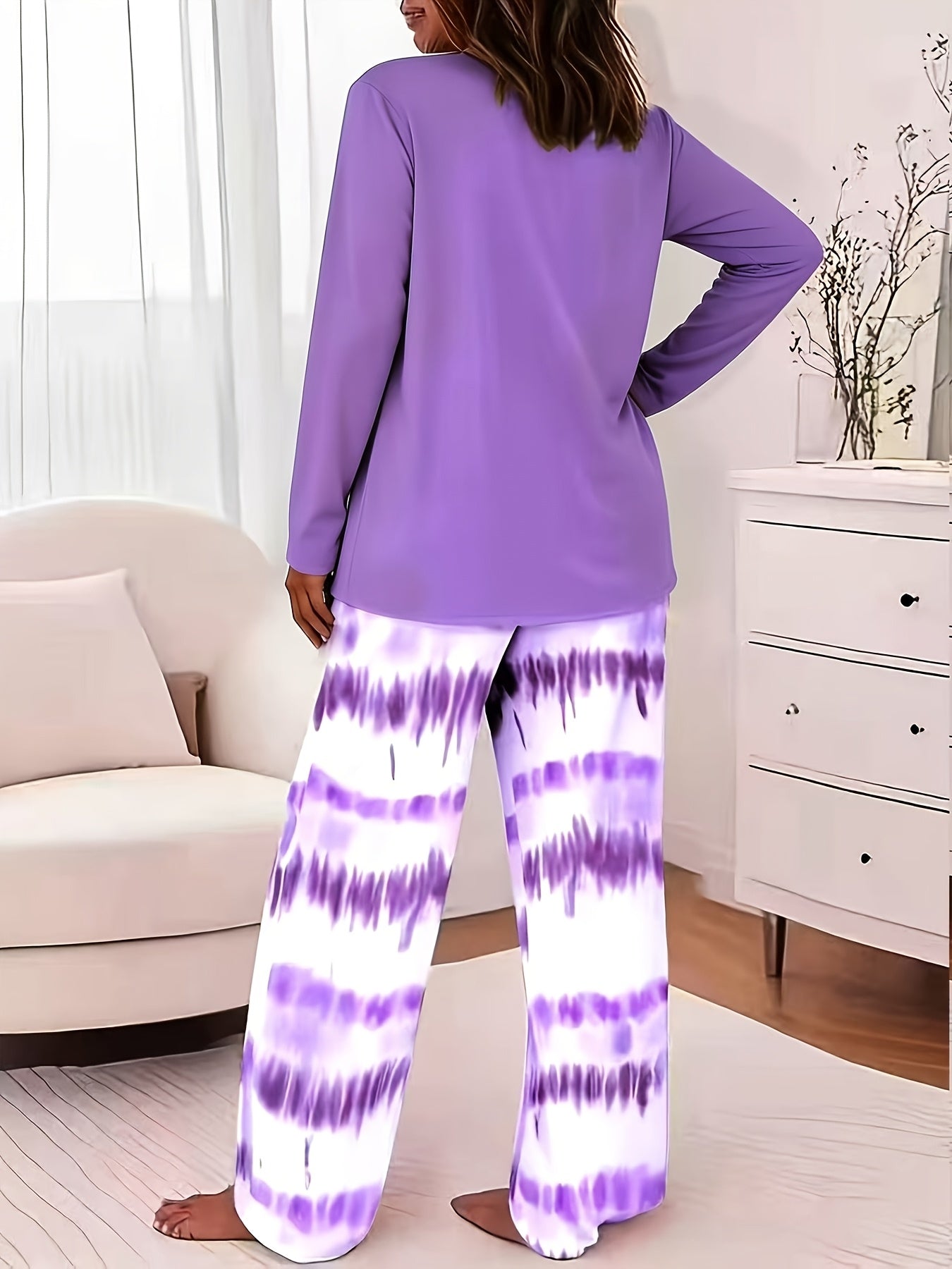 Round Neck Printed Long Sleeve Gradient Wide-leg Pants Casual Loose Two-piece Set