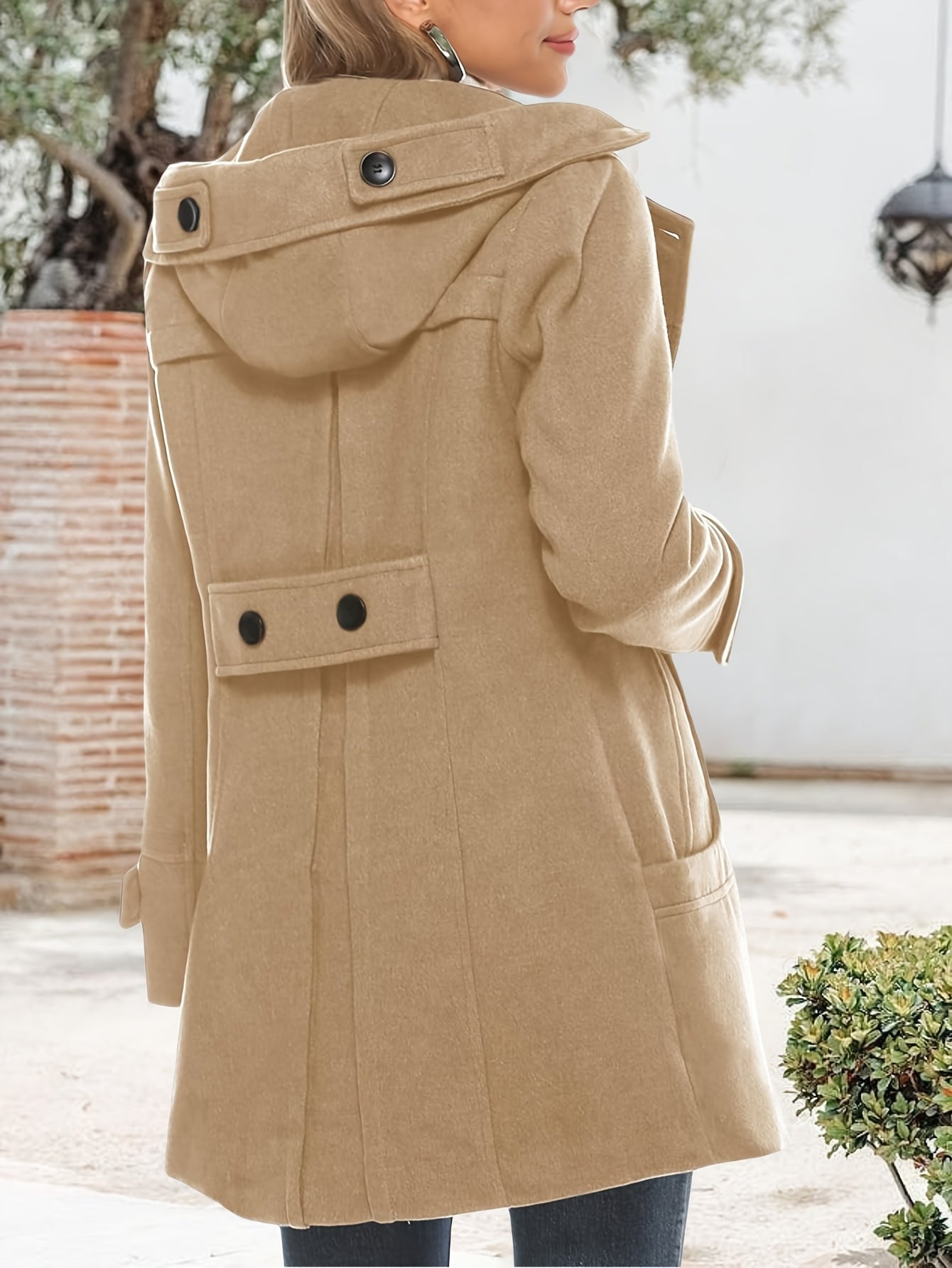 Women'S Hooded Double-Breasted Wool Blend Mid-Length Elegant Casual Coat