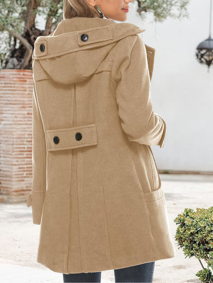 Women'S Hooded Double-Breasted Wool Blend Mid-Length Elegant Casual Coat