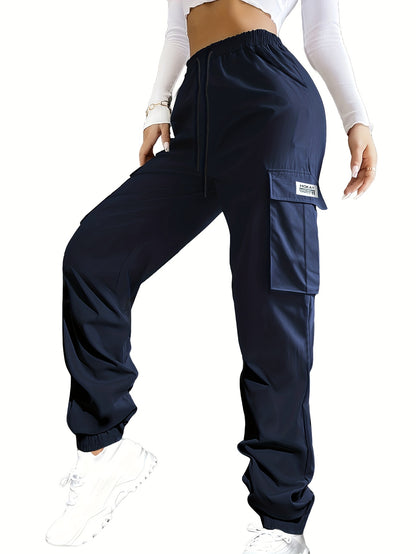 Women'S Zippered Pocket Cargo Pants, Stylish Large Pocket Design, Drawstring Elastic Waistband, Casual Outdoor/everyday Wear Trousers